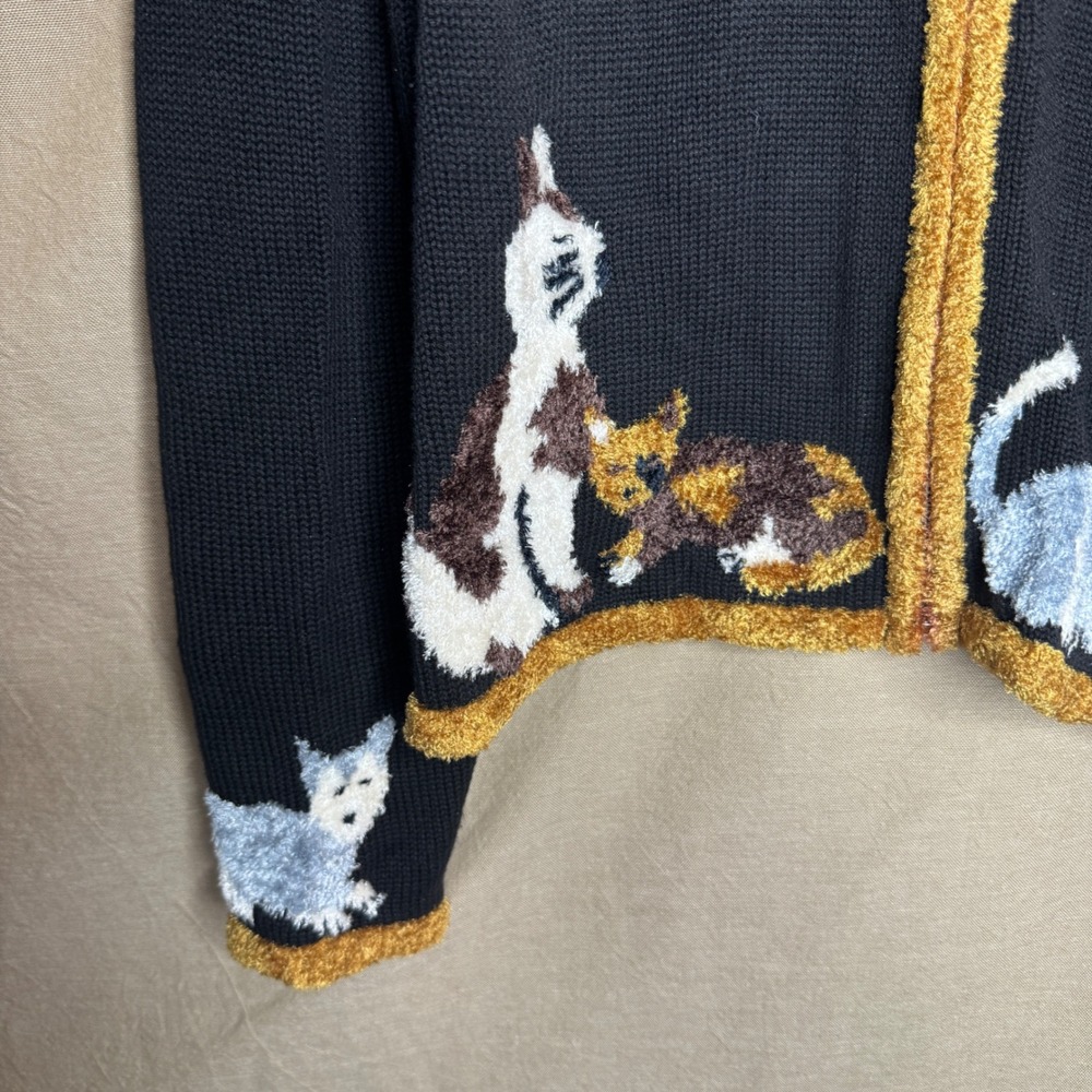 GrandmaCore Cat Zip Up Cardigan Black Hand Embroidered Fuzzy Medium - Picture 2 of 8
